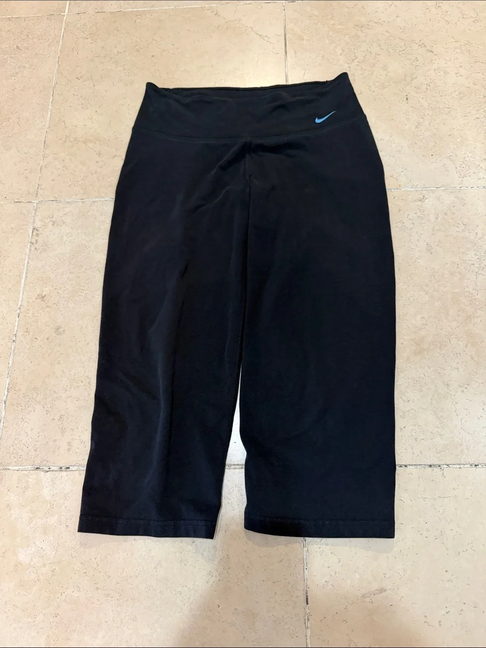 Vintage Nike Black Capri Leggings with Light Blue Swoosh